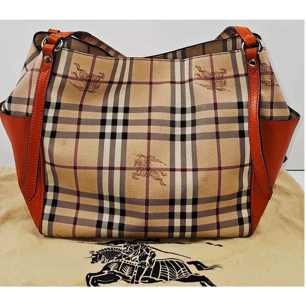 Burberry Orange Leather Haymarket Check Coated Canvas Canterbury Tote Bag - Picture 3 of 16